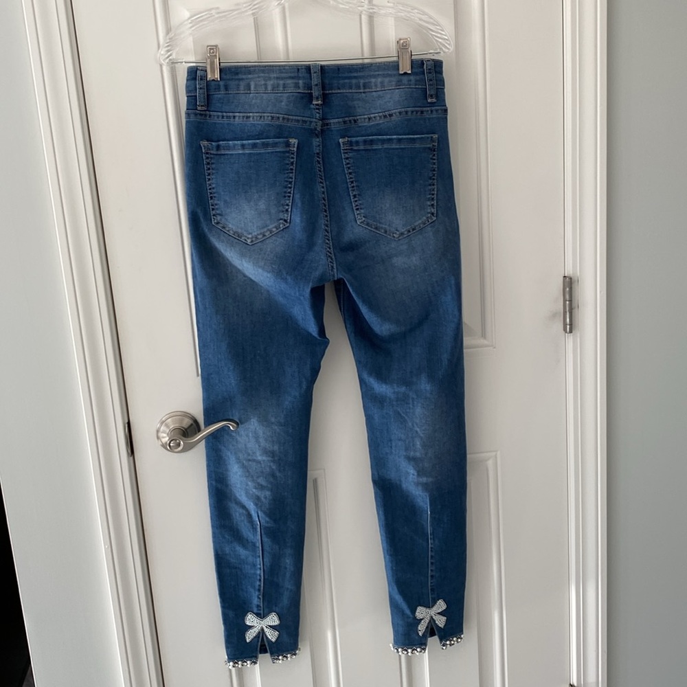 FRANK LYMAN Montreal • Blue Denim Slim 🎀 Crystal Bow & Pearl sparkely Jeans 👖 ⭐️ - Picture 10 of 16